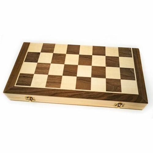 Folding wooden chess, checkers and backgammon set