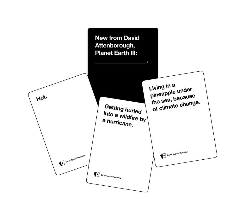 Cards Against Humanity Climate Catastrophe Pack sample cards