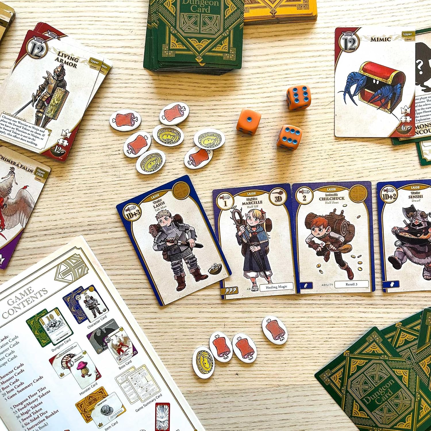 Monster Eater game components including cards, tokens, and dice