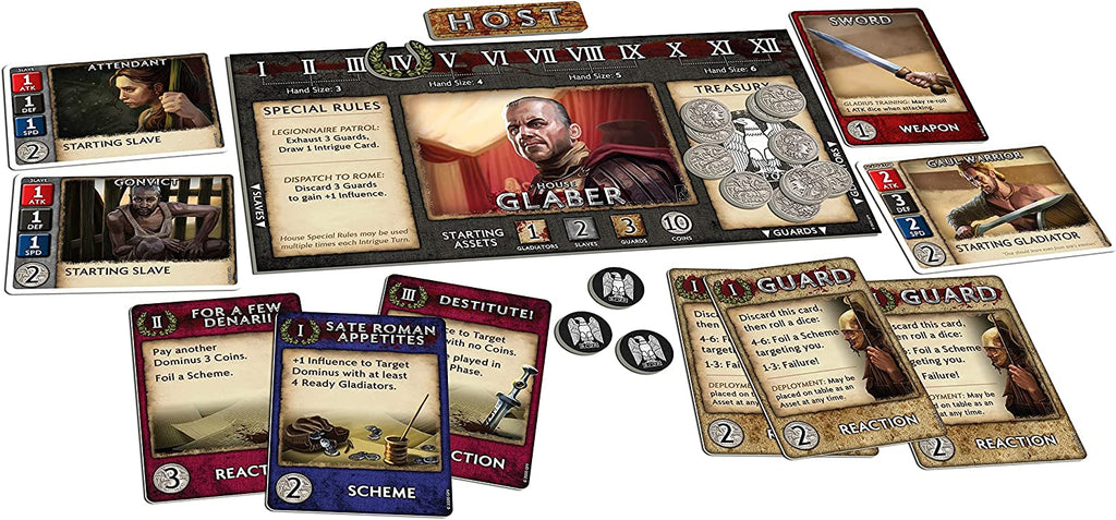 Spartacus components: house board, cards, coins and tokens