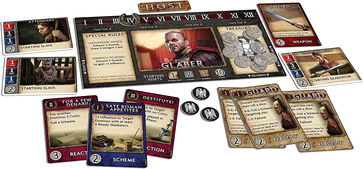 Spartacus components: house board, cards, coins and tokens