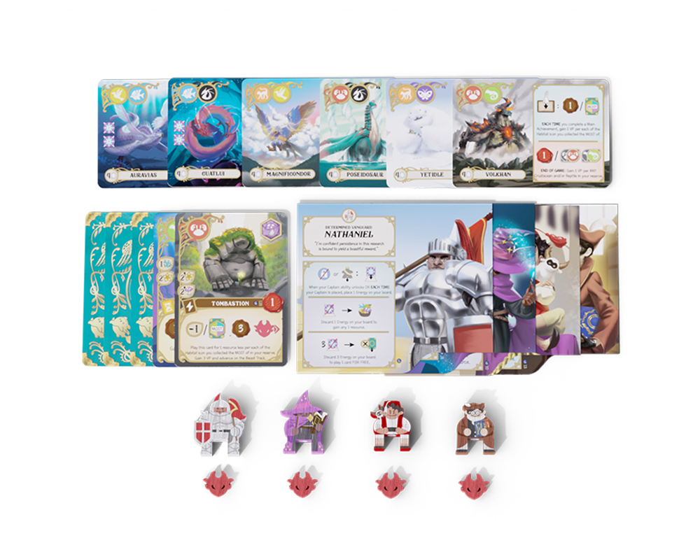 Gargantuan Beasts expansion contents: beast cards, captains, captain boards and beast trackers
