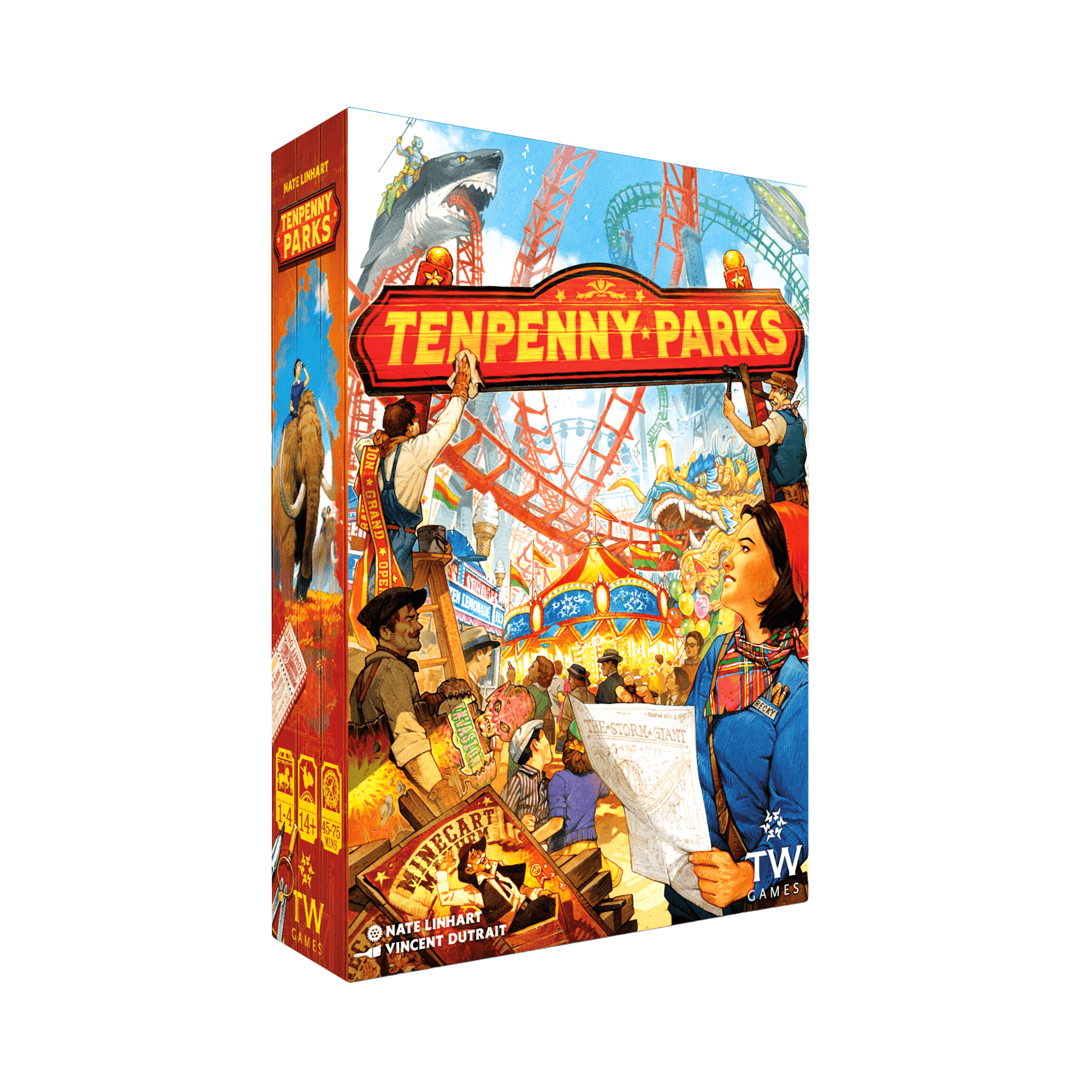 Tenpenny Parks board game box front cover by Vincent Dutrait