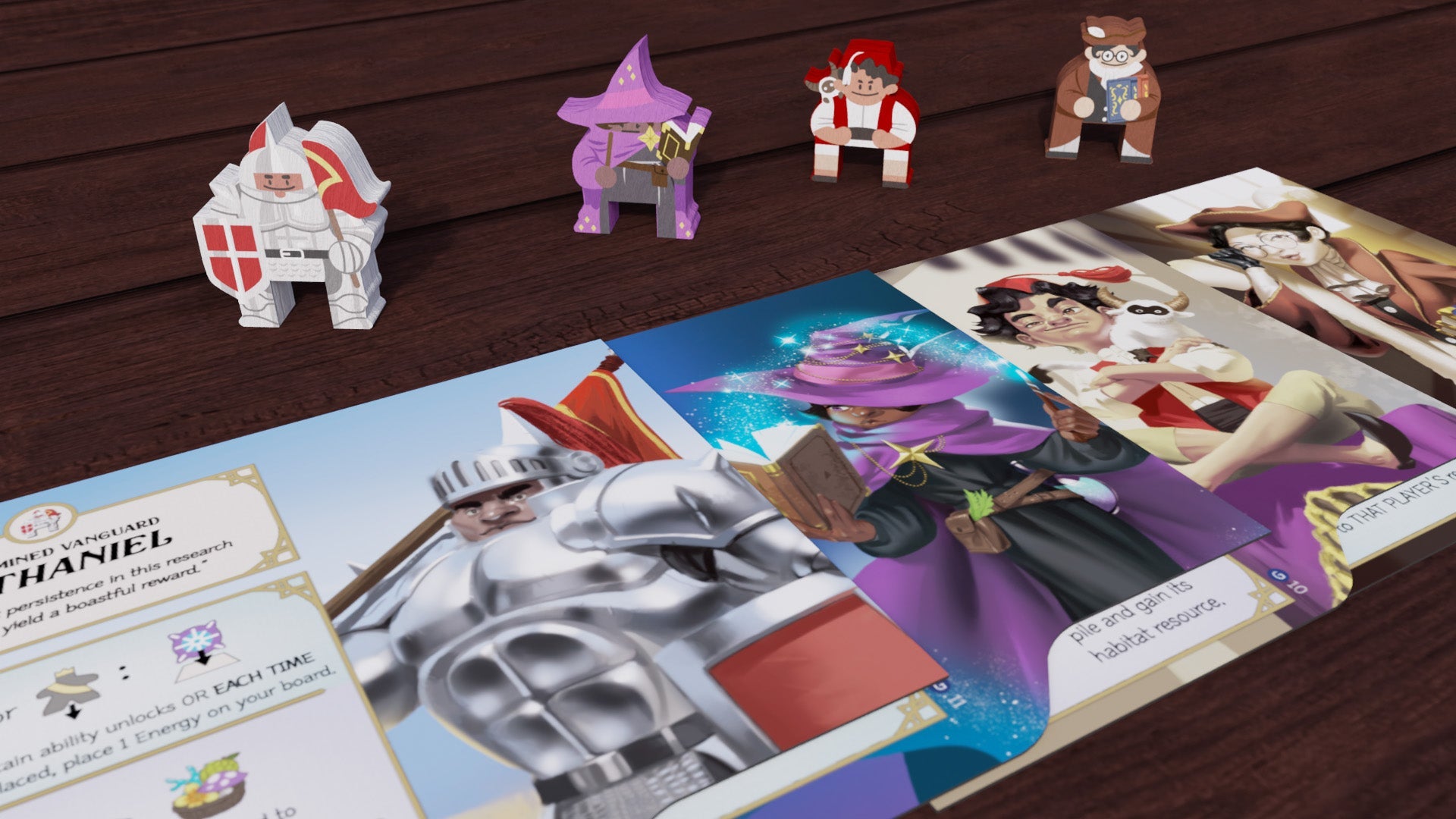 Close-up of Gargantuan Beasts expansion cards and components