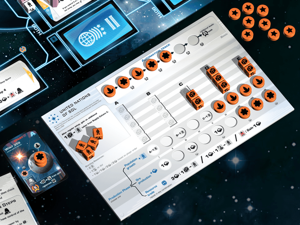 Beyond the Sun faction board with components